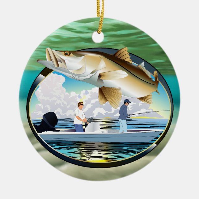 Snook Christmas Fishing Sunset Ceramic Tree Decoration (Front)
