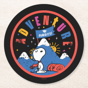 Snoopy Adventure Awaits Graduation Mountain Design Round Paper Coaster