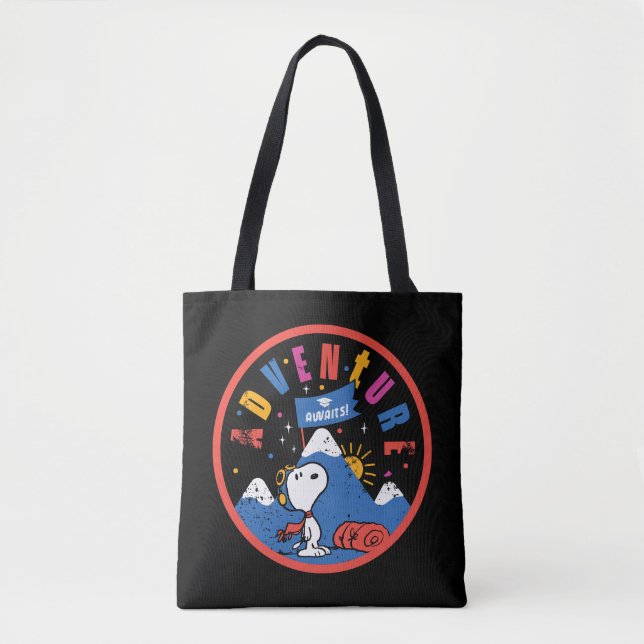 Snoopy Adventure Awaits Graduation Mountain Design Tote Bag (Front)