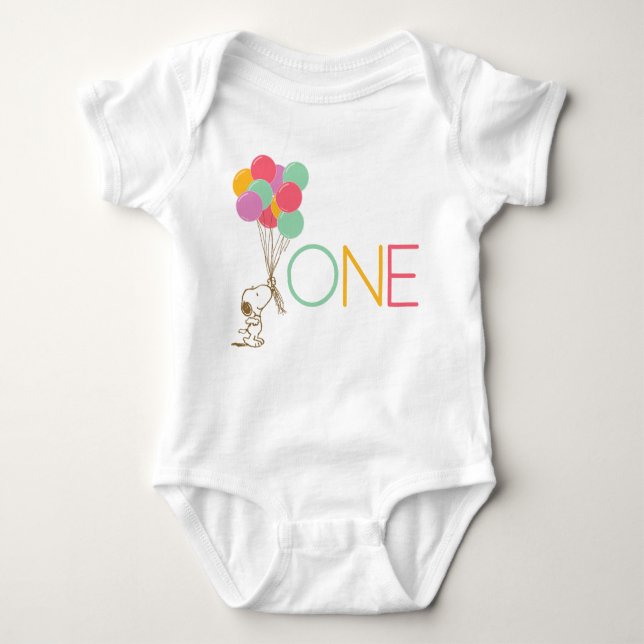 Snoopy and Balloons 1st Birthday Baby T-Shirt Bodysuit (Front)