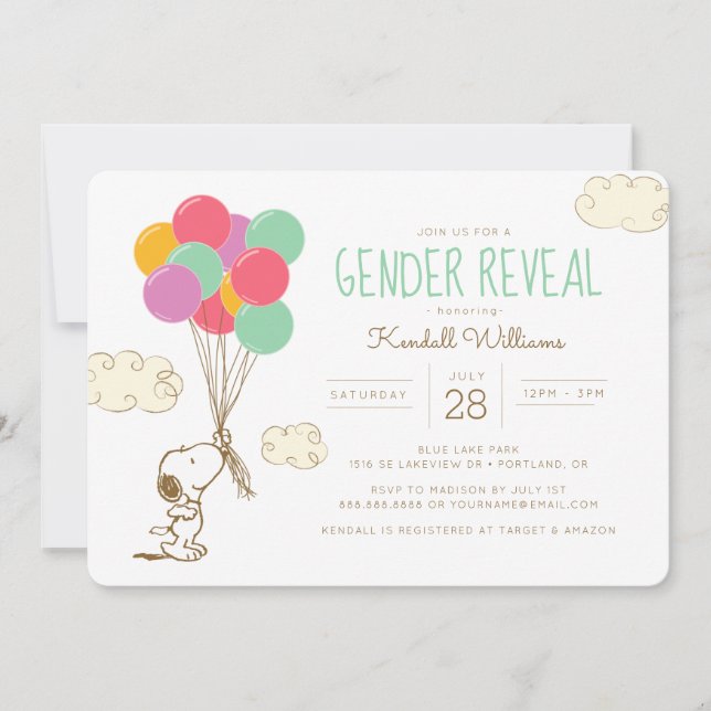 Snoopy and Balloons Gender Reveal Baby Shower Invitation (Front)
