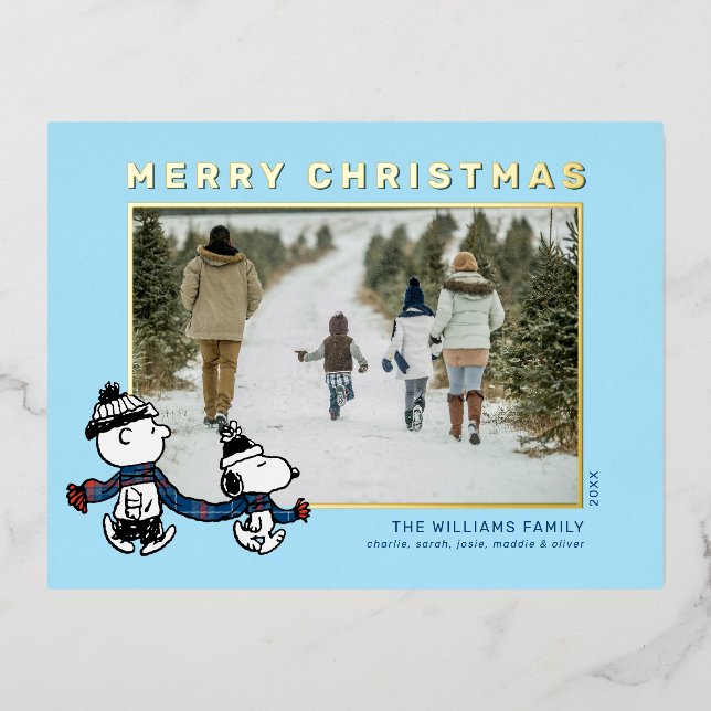 Snoopy & Charlie Winter Scarf Christmas Photo Foil Holiday Postcard (Front)