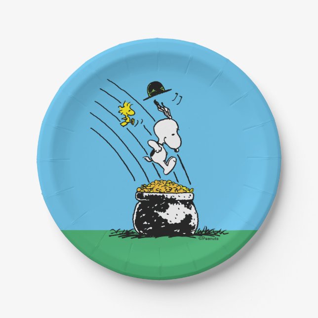 Snoopy Jumping into Pot of Gold Paper Plate (Front)