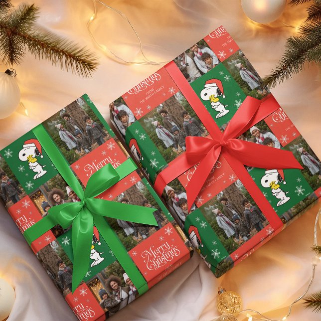 Snoopy Red & Green Merry Christmas - Family Photos Wrapping Paper (Wrapped gifts)