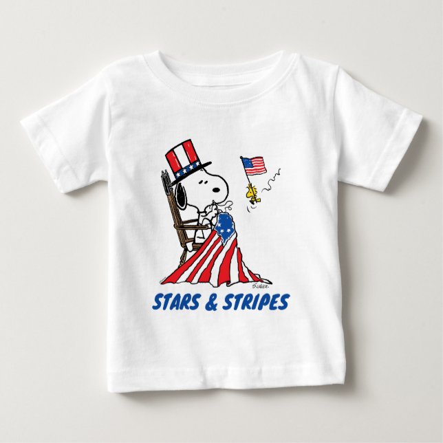 Snoopy Sewing 4th of July Flag Baby T-Shirt (Front)