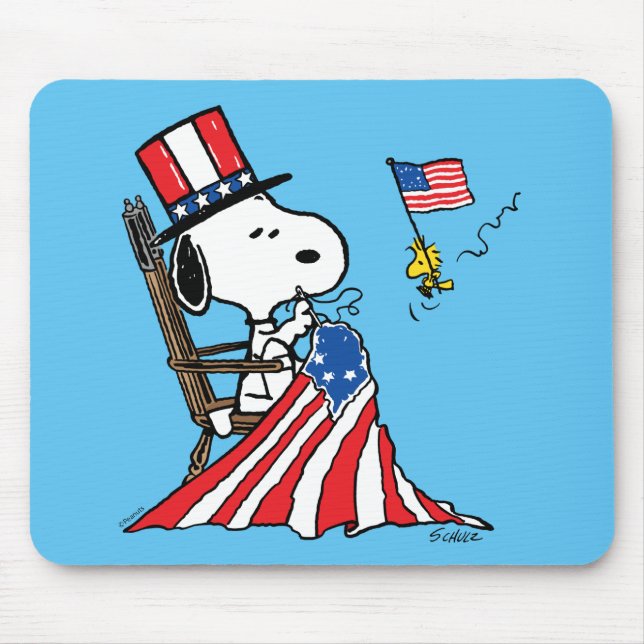 Snoopy Sewing 4th of July Flag Mouse Pad (Front)
