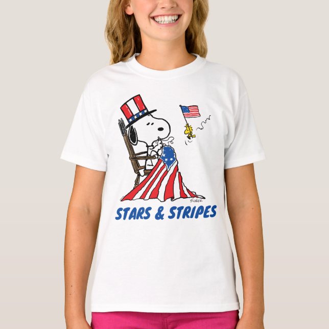 Snoopy Sewing 4th of July Flag T-Shirt (Front)
