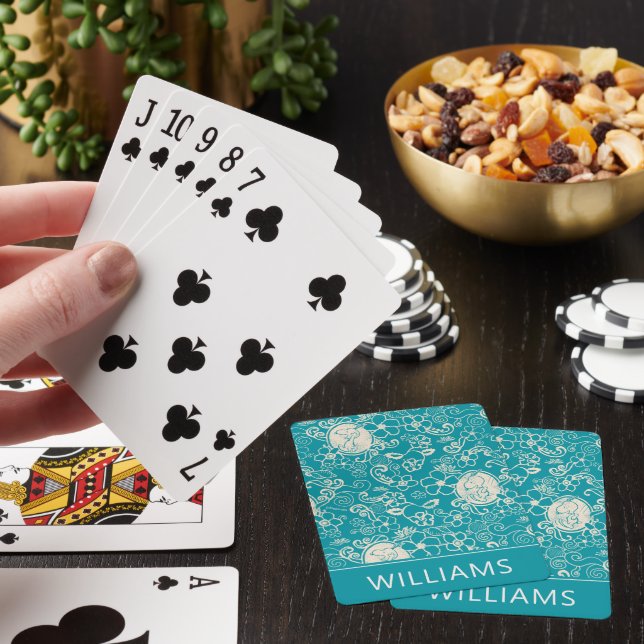 Snoopy Teal Tropical Beach Pattern Playing Cards (In Situ)