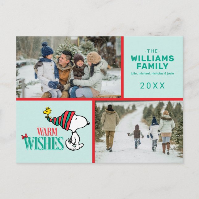 Snoopy & Woodstock Christmas Family Photo Collage Holiday Postcard (Front)