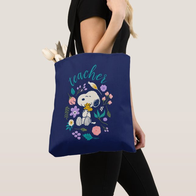 Snoopy & Woodstock Flower Hug Teacher Tote Bag (Close Up)