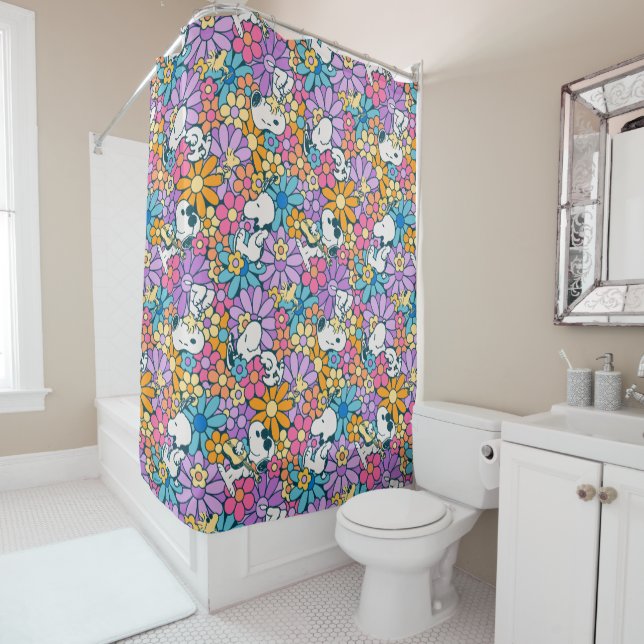 Snoopy & Woodstock Flower Pattern Shower Curtain (In Situ)