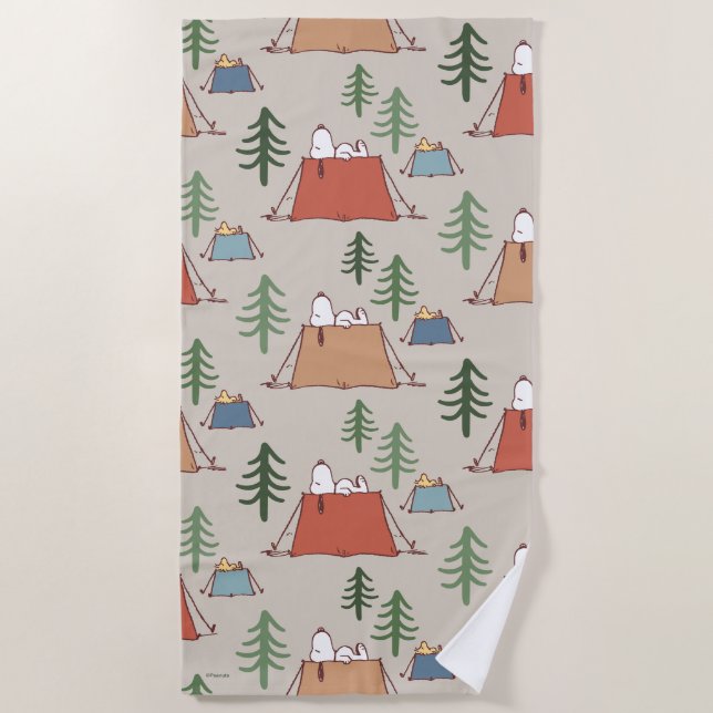 Snoopy & Woodstock Go Camping Pattern Beach Towel (Front)