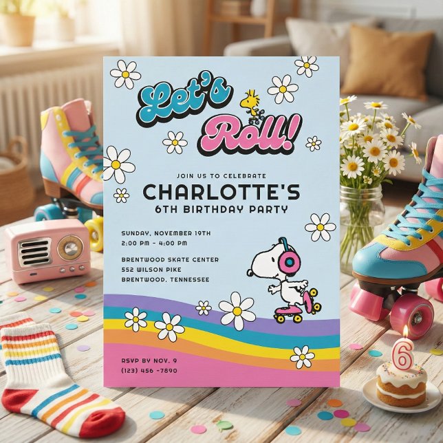 Snoopy & Woodstock - Groovy Roller Skate Birthday Invitation (Creator Uploaded)