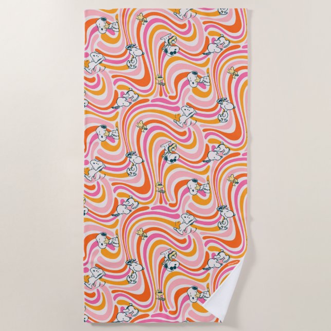 Snoopy & Woodstock Groovy Vibes Orange Pattern Beach Towel (Front)