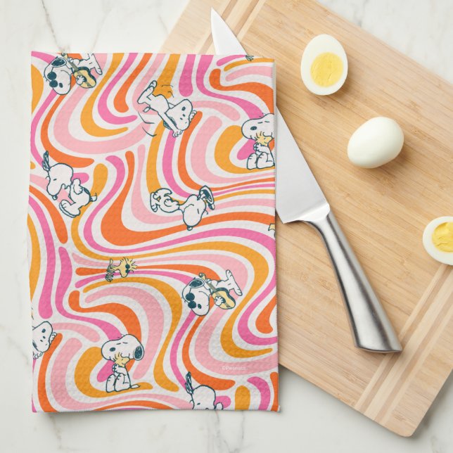 Snoopy & Woodstock Groovy Vibes Orange Pattern Tea Towel (Quarter Fold)