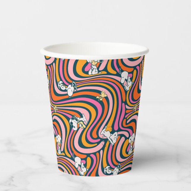 Snoopy & Woodstock Groovy Vibes Purple Pattern Paper Cups (Front)