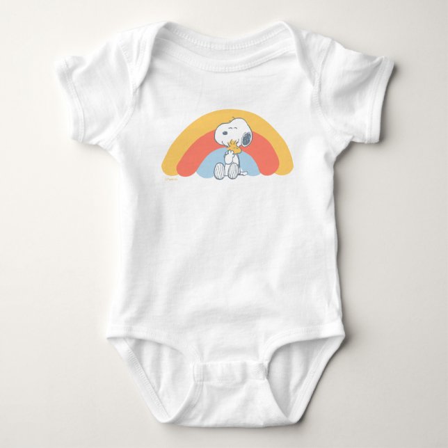 Snoopy & Woodstock Rainbow Baby Shower Baby Bodysuit (Front)