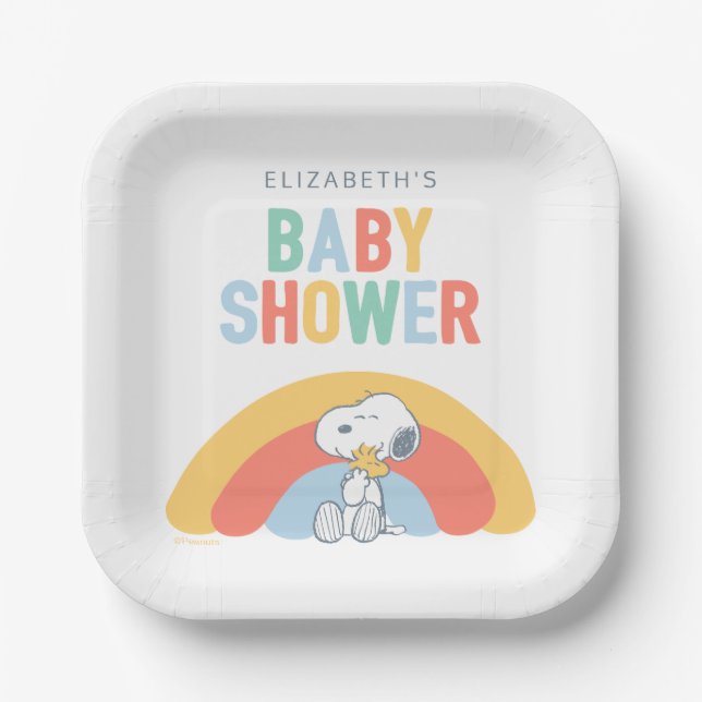 Snoopy & Woodstock Rainbow Baby Shower Paper Plate (Front)