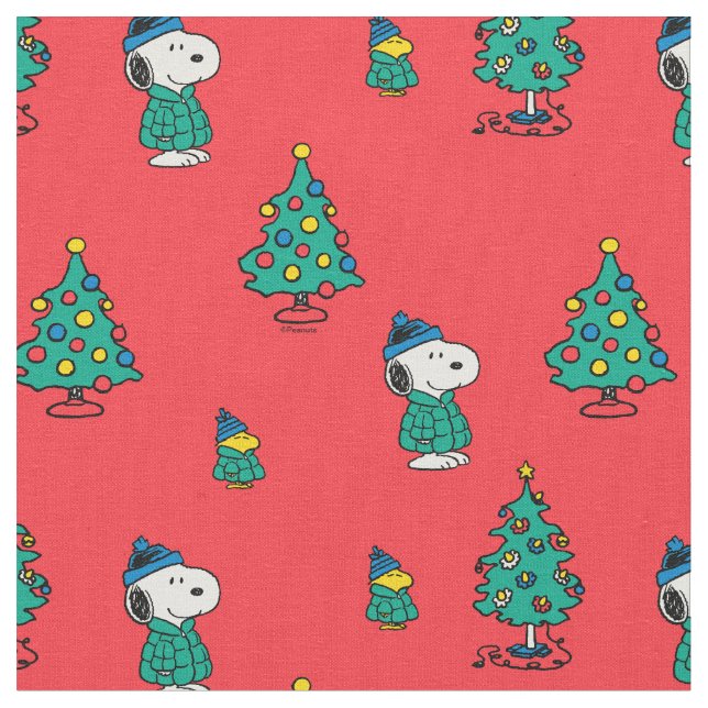 Snoopy & Woodstock Red Christmas Pattern Fabric (Close Up)