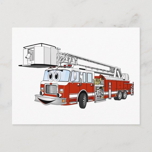 Snorkel Hook and Ladder Fire Truck Cartoon Postcard (Front)