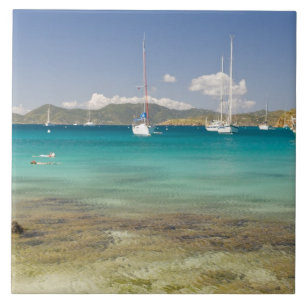 Snorkelers in idyllic Pirates Bight cove, Bight, Tile