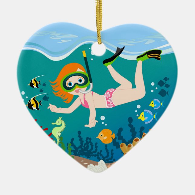 Snorkeling girl under the sea  ceramic tree decoration (Front)