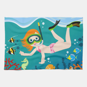 Snorkelling girl under the sea tea towel