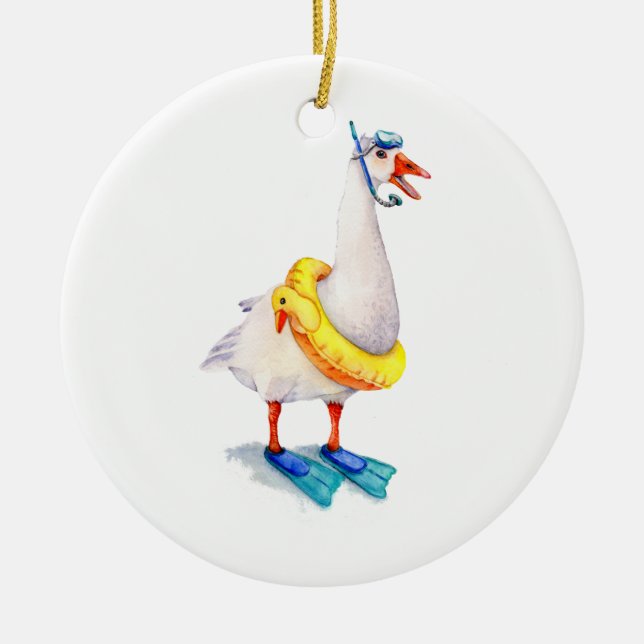 Snorkelling White Goose Ceramic Tree Decoration (Front)