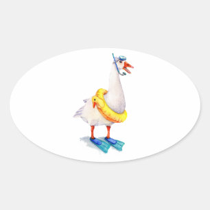 Snorkelling White Goose Oval Sticker