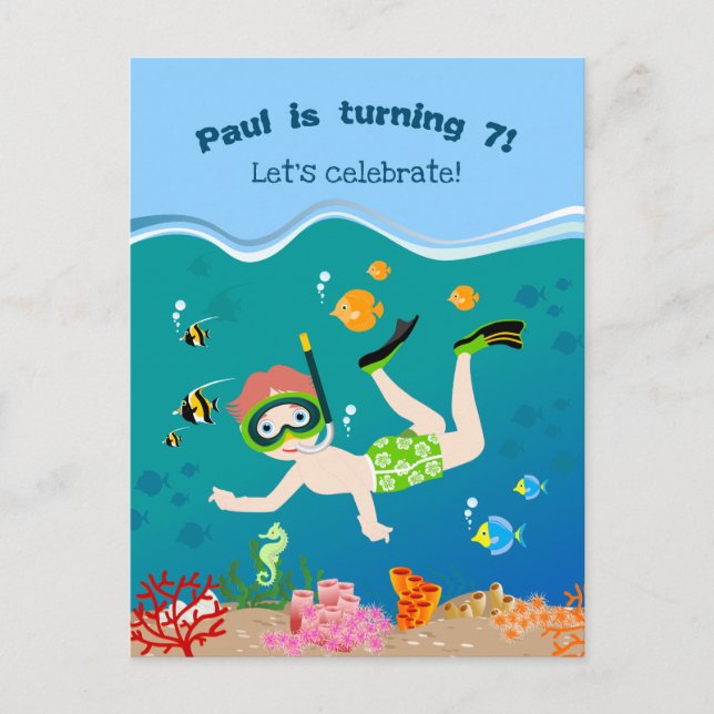 Snorkelling with tropical fish boy birthday party invitation postcard (Front)