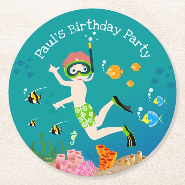 Snorkelling with tropical fish boy birthday party round paper coaster (Front)