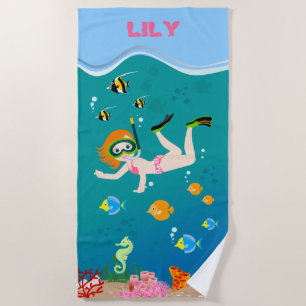 Snorkelling with tropical fish girl Birthday Party Beach Towel