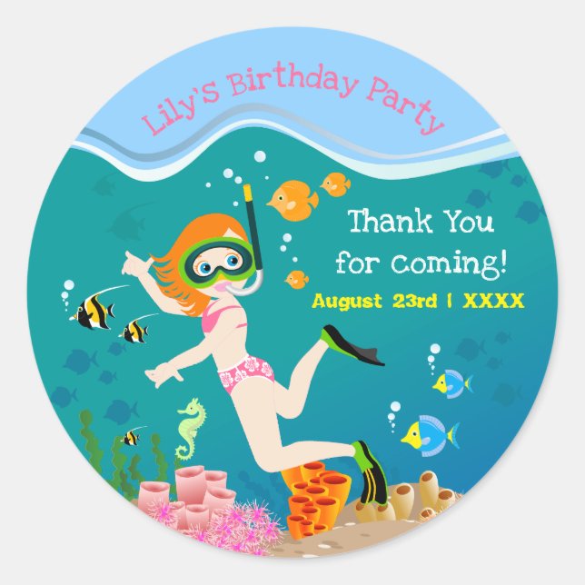Snorkelling with tropical fish girl Birthday Party Classic Round Sticker (Front)