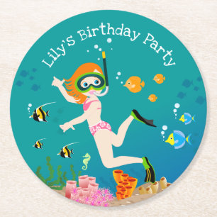 Snorkelling with tropical fish girl Birthday Party Round Paper Coaster