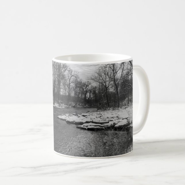 Snow Along James River Grayscale Coffee Mug (Front Right)