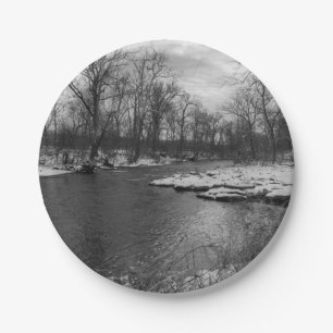 Snow Along James River Grayscale Paper Plate