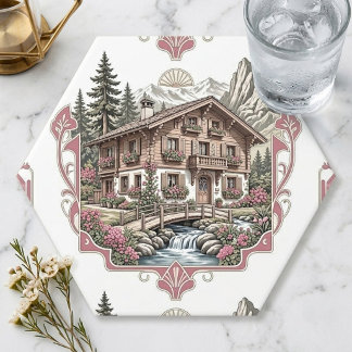 Snow Alpine Countryside Chalet Pine Trees Vintage Paper Coaster