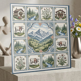 Snow Alpine Rolling Meadows Cows Rustic Chalet Art Tile