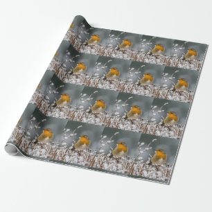 Snow and Winter Robin Tree Branch White Christmas Wrapping Paper