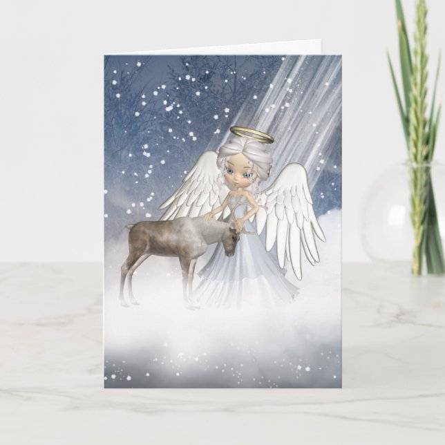 Snow Angel Blowing Snow Over The World, With Reind Holiday Card (Front)