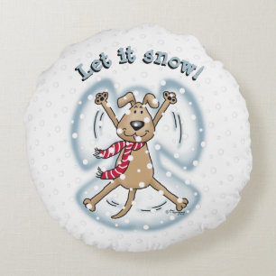 Snow Angel Dog Fun Cute Christmas Holiday Funny Round Cushion