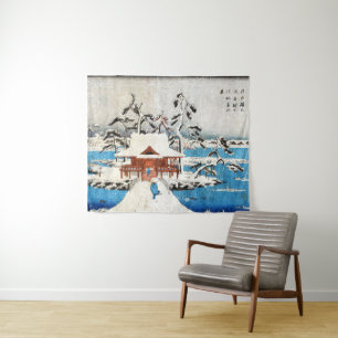 Snow at Benzaiten Shrine in Inokashira Pond ukiyo Tapestry
