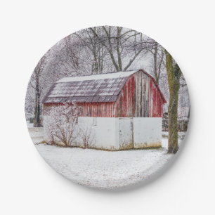 Snow At The Red Barn Paper Plate