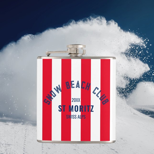 Snow Beach Club Red Cabana Stripe Winter Party Hip Flask (Creator Uploaded)
