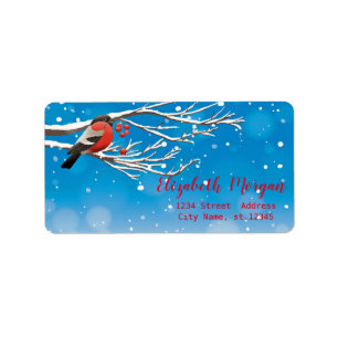 Snow, Bird, Red Berries, Tree Branch Label
