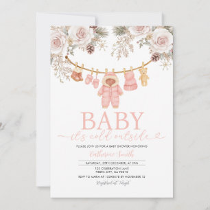 Snow Blush Pink Winter Clothesline Neutral Floral Invitation