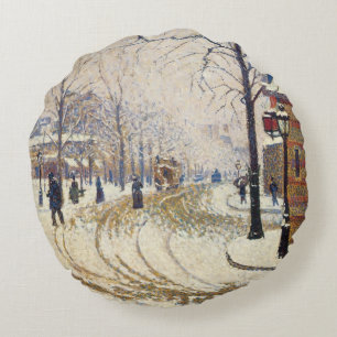 Snow, Boulevard de Clichy, Paris by Paul Signac Round Cushion