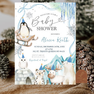 Snow Boy Winter Arctic Animals Baby Shower Invitation