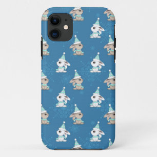 Snow Bunnies in Hats and Scarfs Holiday Art iPhone 11 Case