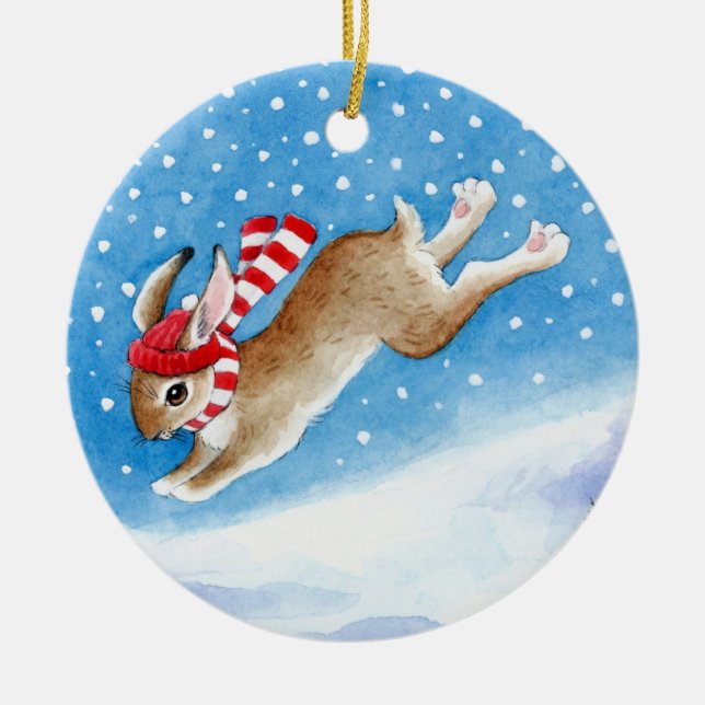 Snow Bunny Christmas and Winter ornament (Front)